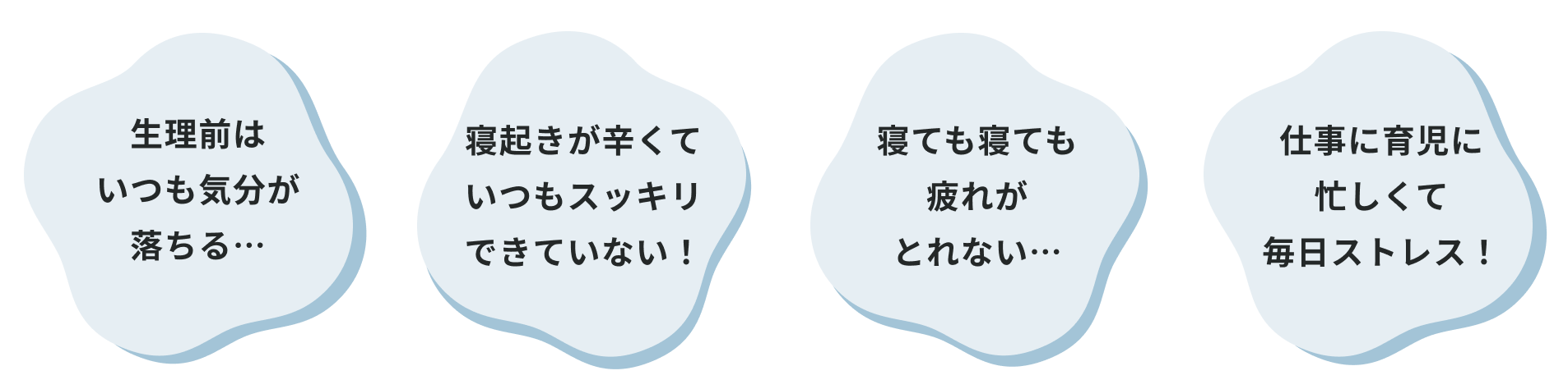 生理前はいつも気分が落ちる… 寝起きが辛くていつもスッキリできていない！ 寝ても寝ても疲れがとれない… 仕事に育児に忙しくて毎日ストレス！